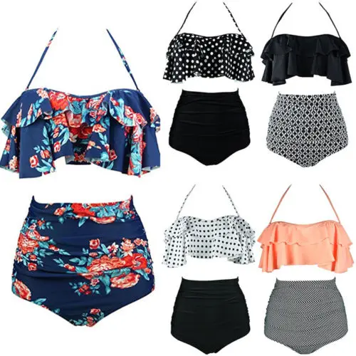 

Summer Women Sexy Lotus Leaf Bikini Set New Push-Up High Waist Multi-print Frill Swimwear Swimsuit 2pcs Set