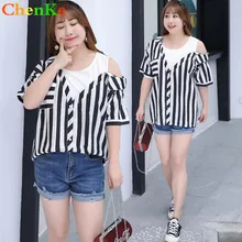 ChenKe 4XL большой размер г. новые женские летние топы Сексуальная плеча футболка повседневные полосатые плюс размер кнопка рубашку легко матч