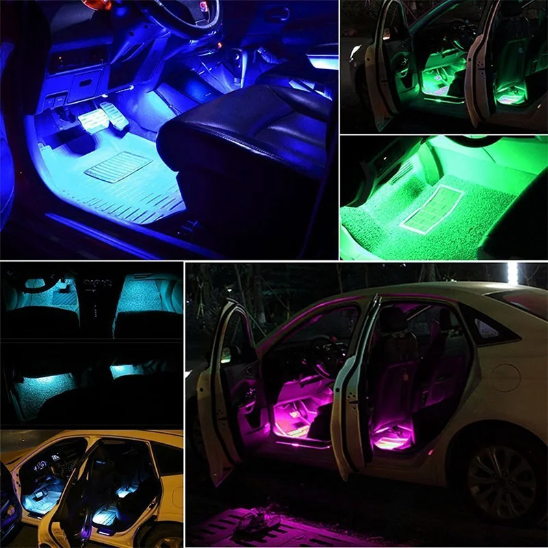 4pcs Car RGB LED Strip Interior Light Multicolor Music Atmosphere Sound Active Function LED Strip LED Lighting with USB Port 4pcs Car RGB LED Strip Interior Light Multicolor Music Atmosphere Sound Active Function LED Strip LED Lighting with USB Port