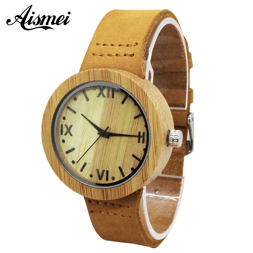 

Aismei Bamboo Wood Watches for Men and Women Fashion Casual Genuine Leather Strap design round Wrist Watch Female Male Relogio