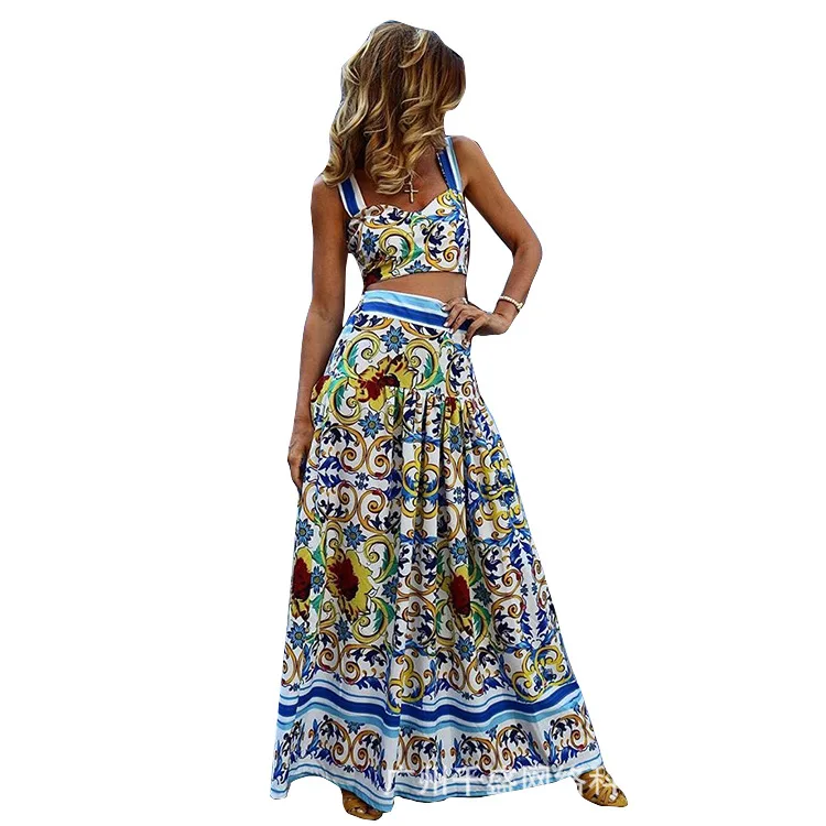Boho New Sexy Women Two Piece Set Crop Top Long Skirt Floral Printed Bandeau Strapless Bandage Ruffles High Waist Casual Suit | Женская