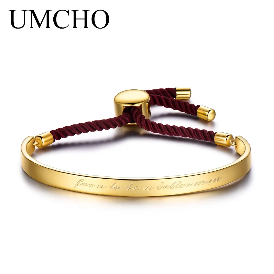 UMCHO Adjustable Love Cuff Bracelets Bangle Real 925 Sterling Silver Jewelry Yellow Gold Color Double Sides Red Rope Jewelry