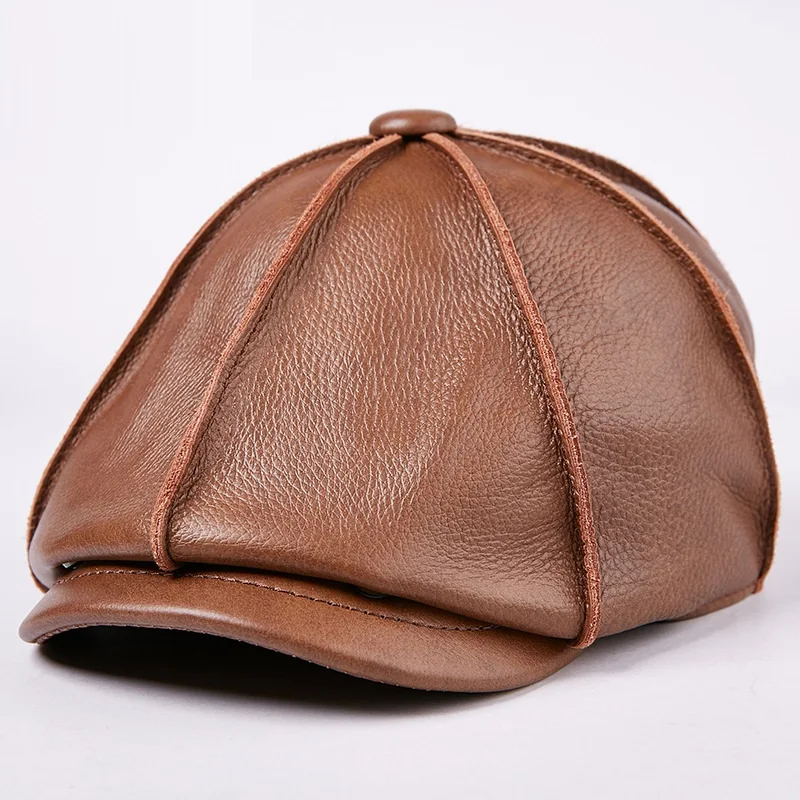 

Men's Genuine Leather Hat Male Cow Cap Male Cowhide Warm Baseball Cap Adult Ear Protection Outdoor Octagonal Hat B-7207