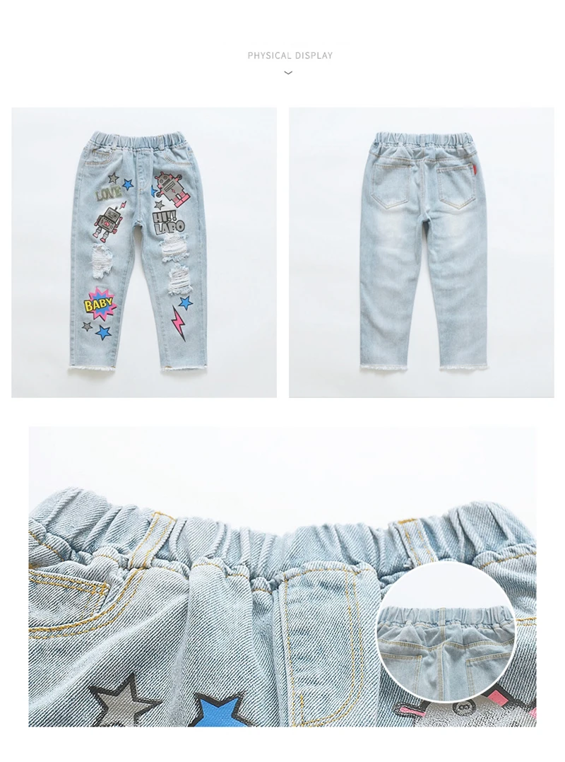 Джинсы для девочек; детские джинсовые брюки; узкие брюки с рисунком; модные рваные брюки; рваные джинсы; Одежда для девочек-подростков; хлопковые брюки;