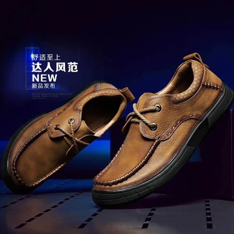 Brown Mocassins khaki lace Genuína khakislip slip Moda up Brown lace Marca Alta Sapatos Couro deslizamento De Casuais up Masculinos Homens Qualidade Light Grossa Calçados on Dos Sola on Não light ww1UPqH