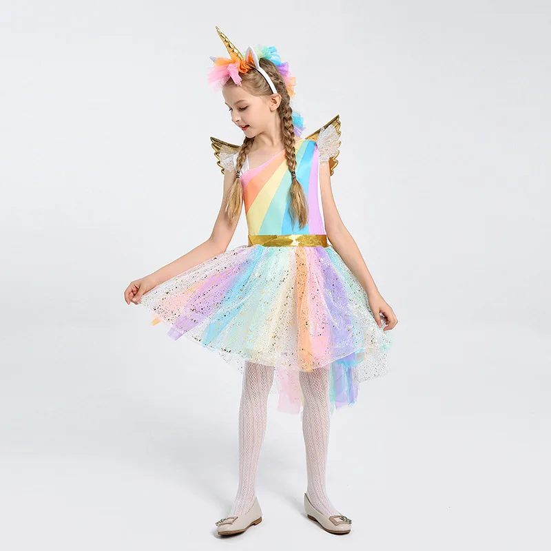 

Rainbow Unicorn Dress for Girls Cosplay Prom Costume Children Princess Lace Dresses Hair Hoop Wing Set Kids Dresses for Girls