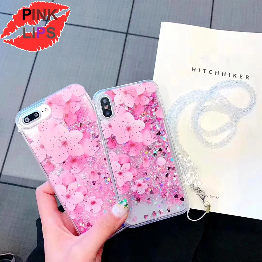 PINK LIPS Luxury Glitter Quicksand Peach blossom Case For iphone  XR X XS Max 6 6S 7 8 Plus Flower Liquid Case With Crystal rope (9)