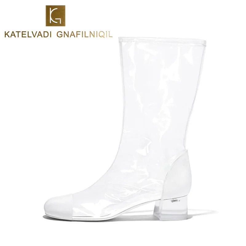 

Fashion White Boots Women Square Heels Round Toe PVC Transparent Boots Woman Heel Mid Calf Boots For Women Autumn Shoes K-191