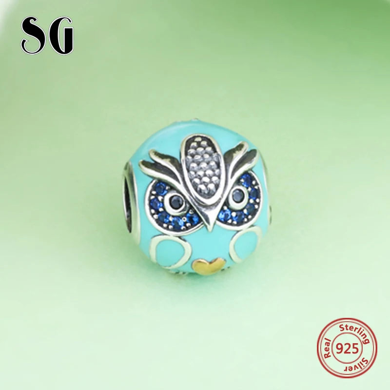 

Silver 925 cute animal owl charms with green enamel and CZ stone beads Fit Original European bracelets jewelry making for gifts