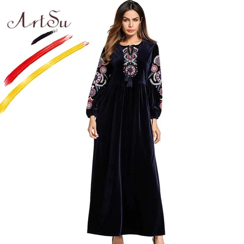 ArtSu Vintage Etnische Borduurwerk Fluwelen Jurk Vrouwen Winter Lange Mouwen Oversized Maxi Jurk Losse Vestidos Casual Kwastje Jurken