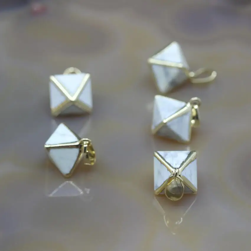 

5Pcs,Natural White Turquoises Double Pyramid Charms Gold Edges,Howlite Stone Faceted Octahedron Nugget Pendants,Jewelry Making