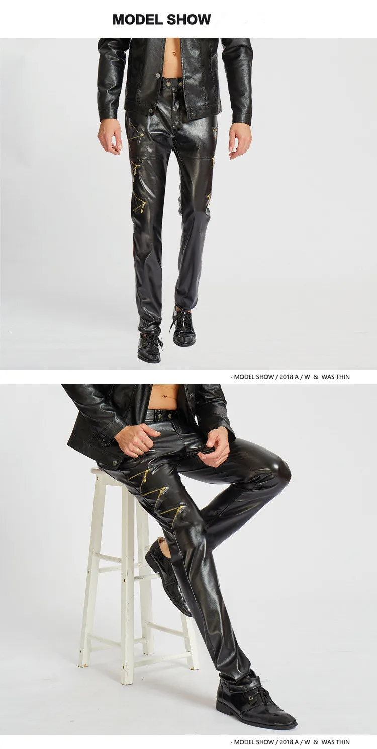 Мужские зимние штаны из искусственной кожи, модные повседневные Черные Мужские штаны на молнии, высокое качество 29-37