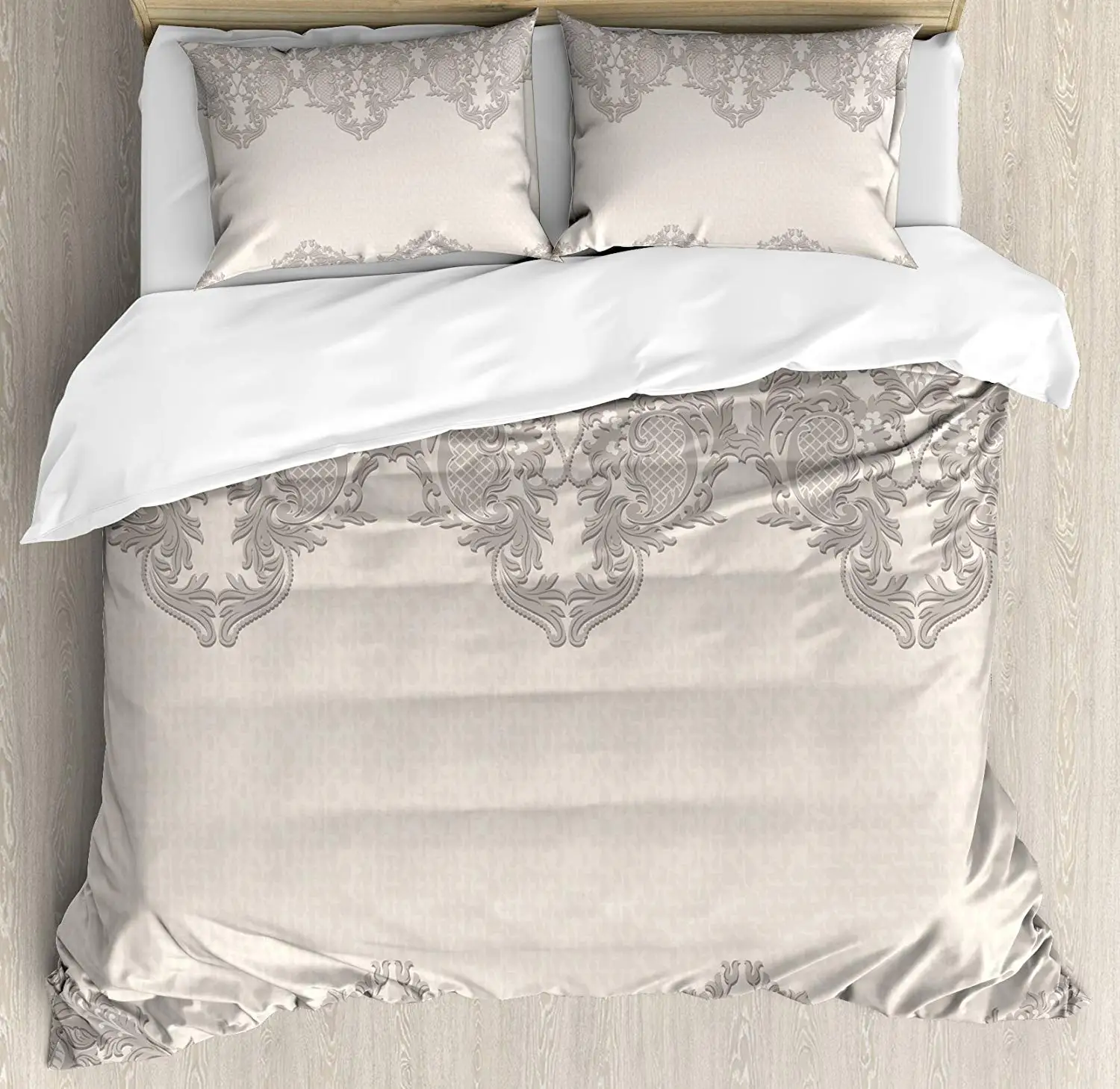 Taupe Duvet Cover Set King Size Lace Like Framework Borders With
