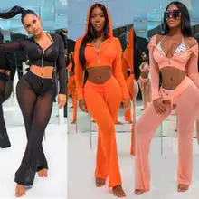 ITFABS 2 шт. Горячая Женская купальная сетка прозрачная Толстовка с длинным рукавом укороченный Топ Леггинсы брюки бикини накидка