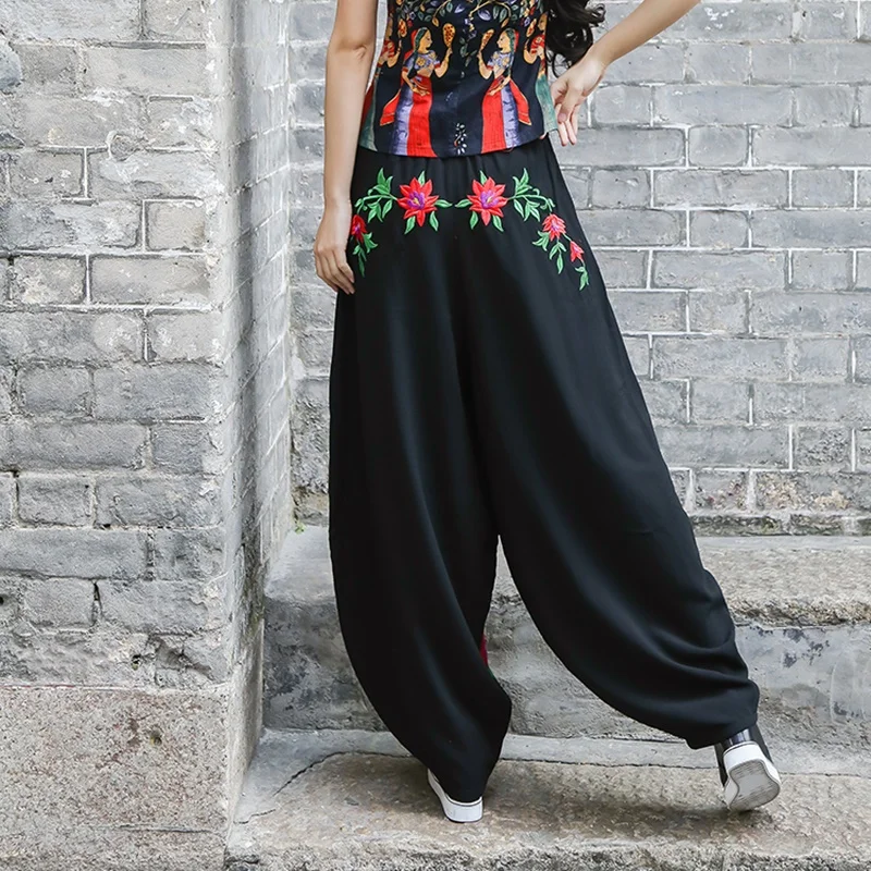 Винтажные женские брюки палаццо Ethinc, хлопковые льняные брюки с цветочной вышивкой, черные традиционные штаны в китайском стиле TA950