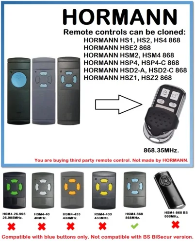 

HORMANN HS1 HS2 HS4 868 Universal Remote Control Duplicator 868.35MHz