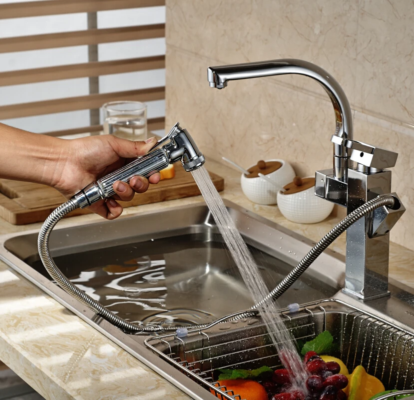 Fashion Chrome Finish Kitchen Wash tap Swivel Pull Out Dual Spout One Hole Sink Faucet