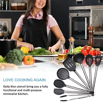 

8 Piece Kitchen Utensil Set Stainless Steel and Black Silicone Modern Nonstick Utensils Cooking Tools