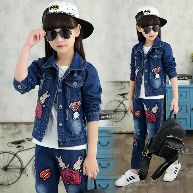 Spring Autumn Girls Flower Children Clothing Set Denim Jacket + Jean ...