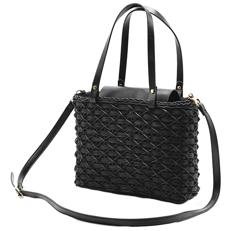 Black Women Bag Natural Rattan Shoulder Bag Beach Handbags Weaving Handmade Crossbody Bag - Цвет: Black