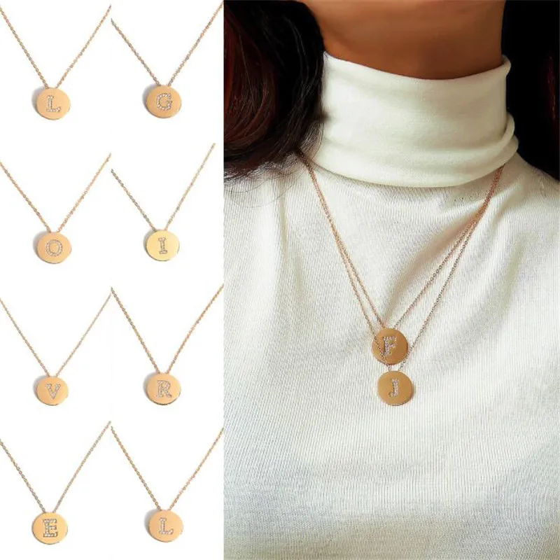 Online Givvllry A Sampai Z 26 Huruf Koin Liontin Kalung untuk Wanita Elegan Rhinestone Berkilau Awal Huruf Emas Sweter Rantai Kalung