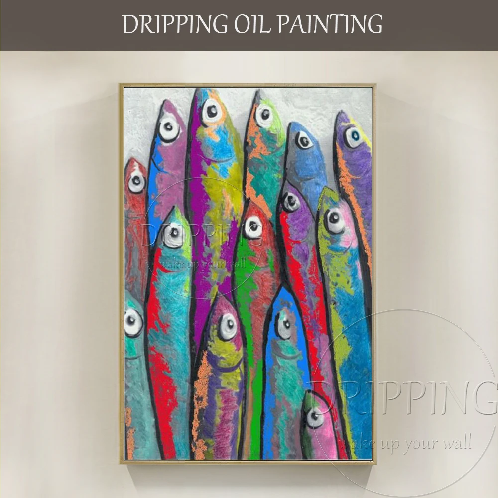 

Artist Hand-painted A lots of Fishes Oil Painting on Canvas Colorful Funny Animal Abstract Fish Oil Painting for Living Room