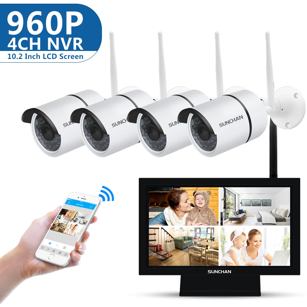 

SunChan Wireless Surveillance Camera System 4 Channel 960P Home Security System CCTV Wifi NVR Kit with 10.1 inch LCD Monitor