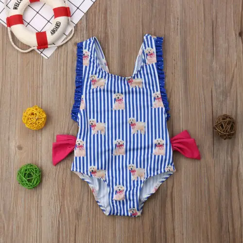 Girls Swimwear Bow Ruffle Bikini Striped One Piece Swimsuit Kids ...