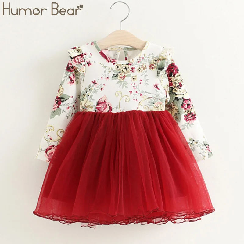 

Humor Bear Baby Girl Dress 2019 Spring Autumn Brand New Flower Print Long Sleeved Mesh Princess Christmas Dress Girls Clothing