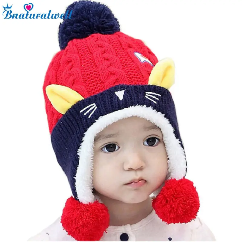 

Winter Baby Hats Ball Hat Thick Warm Knitted Boy Girl Cap Protect The Ears Beanies Cartoon Ear Toddler Hats H030S