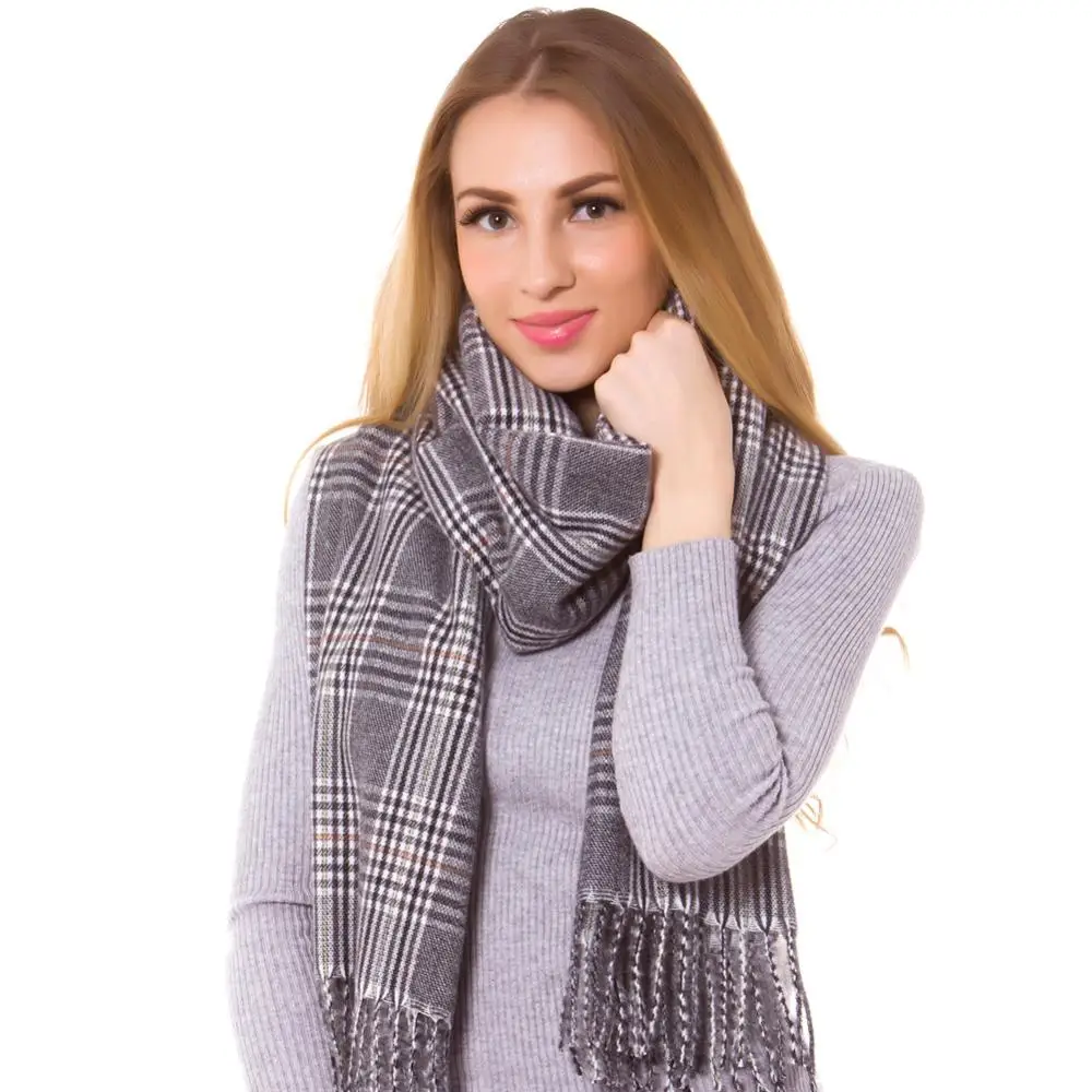 

Cashmere Silk Check Plaid Scarf Shawl Wrap Oblong Warm Fashion Long Thick Hijab Top Quality Tartan Blanket Autumn Winter Gray