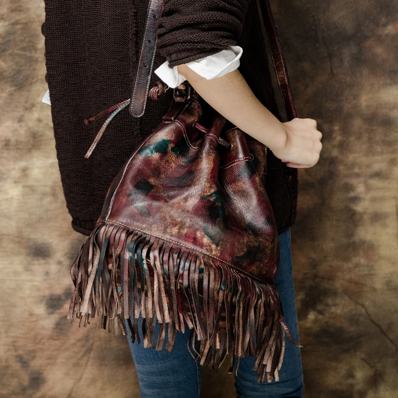 New 2016 Handmade Genuine Leather Tassel Women Vintage Shoulder Bag Designer Multi Function Female Retro Messenger