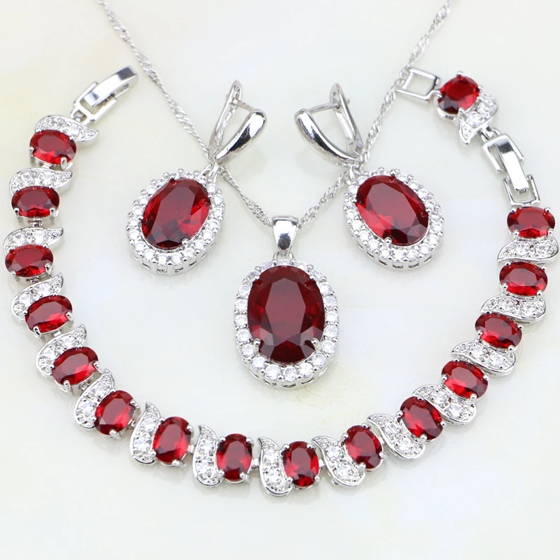 

925 Sterling Silver Jewelry Oval Red Cubic Zirconia White CZ Jewelry Sets For Women Wedding Earrings/Pendant/Necklace/Bracelet