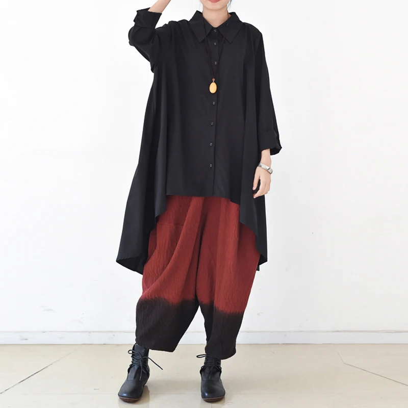 

Johnature Women Black Shirts Casual Blouses 2019 Autumn New Fashion Cotton Button Loose Bat Sleeve Irregular Sweep Tops Shirts