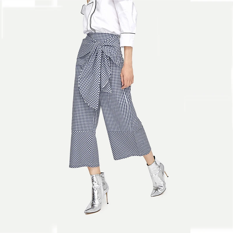 2018 summer new stripe plaid pants British style lady  fashion casual trousersplaid loose leisuretrousers