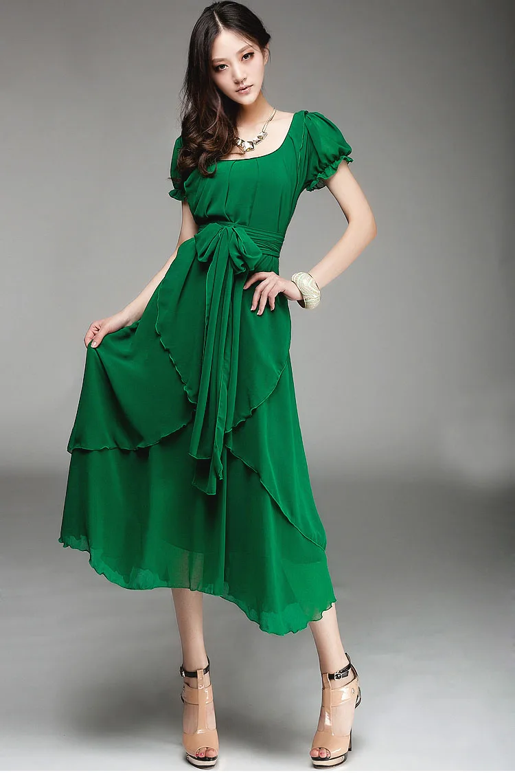 Зеленое платье Для женщин красные, черные M-2XL летние шорты рукавом шифоновое платье Новинка весны лук Нерегулярные длинный тонкий платье Vestidos LD954