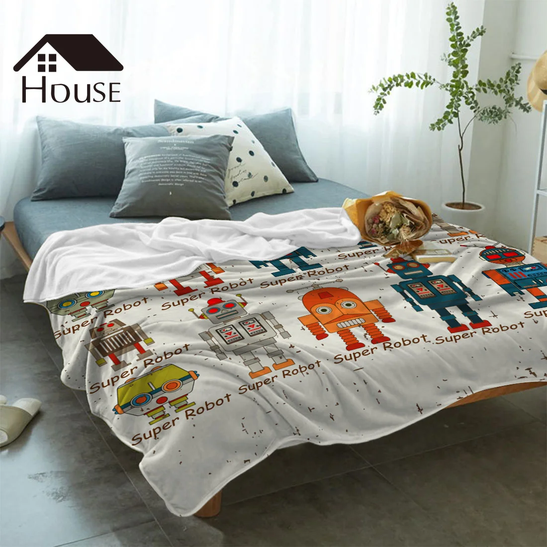 BIGHOUSES Throw Blanket Robot Animation Wallpaper Cartoon Warm Microfiber Blanket for Kids Flannel Blanket