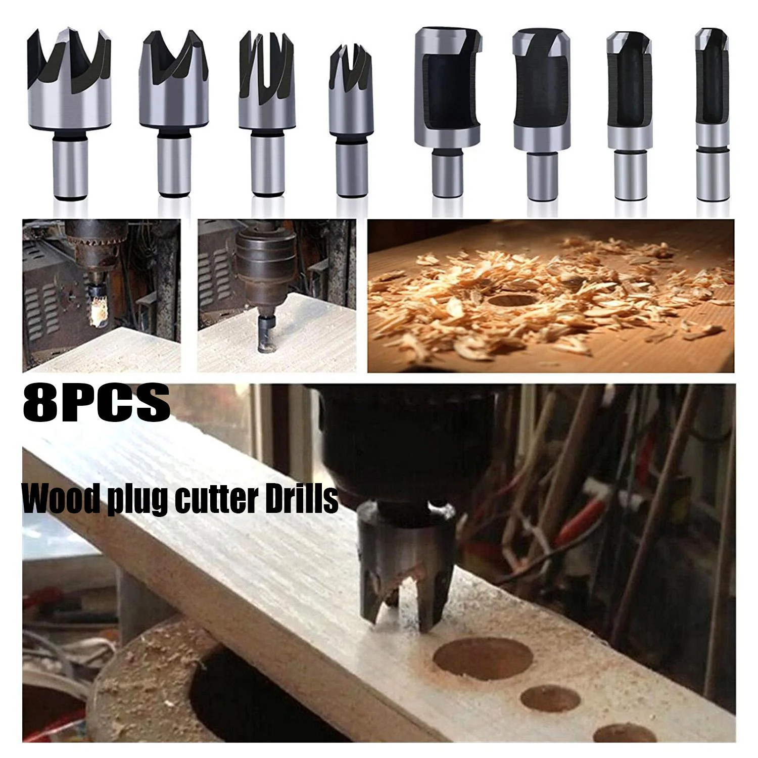 

8pcs Wood Plug Cutter Drill Bit Set Straight and Tapered Taper 5/8" 1/2" 3/8" 1/4" Cutting Tool Cork Drill Bit Knife