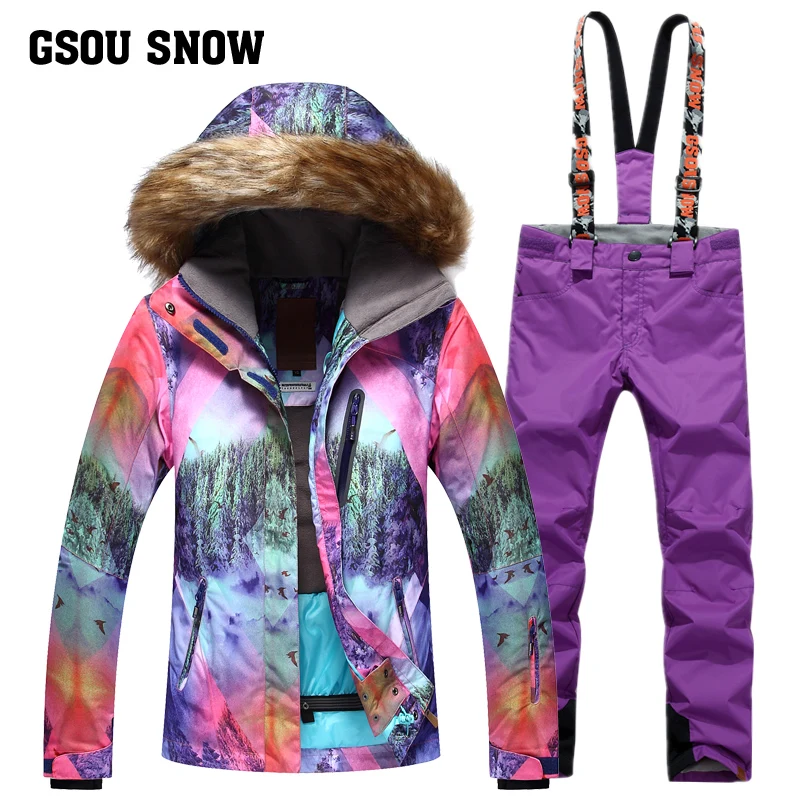 

GSOU SNOW Brand Ski Suit Women Ski Jacket Pants Waterproof Mountain Skiing Suit Snowboard Sets Winter Outdoor Sports Clothing