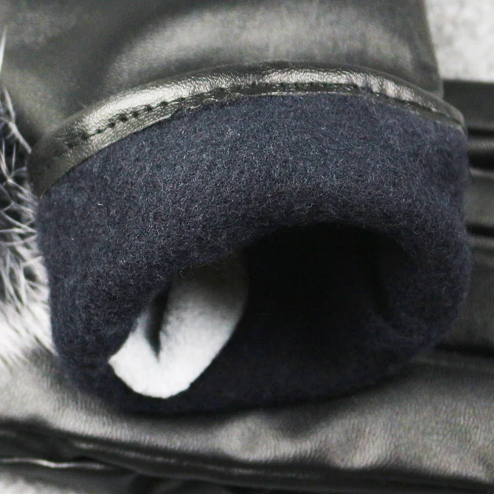 KLV перчатки женские черные кожаные перчатки осень зима теплые варежки из кроличьего меха черные перчатки z0920