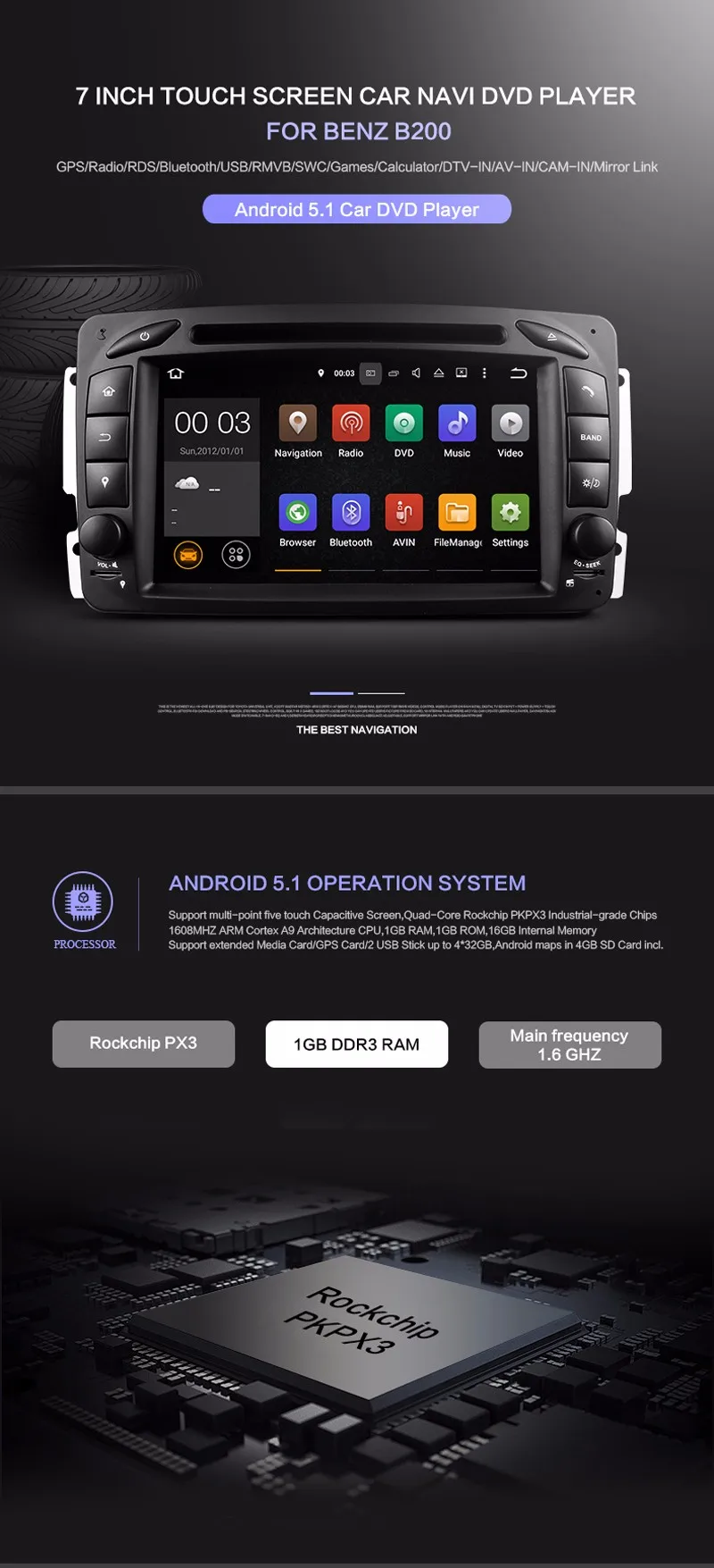 Cheap Android 5.1 CAR DVD PLAYER For Benz W209 W203 W168 M ML W163 W463 Viano W639 Vito Vaneo GPS Radio 16G ROM 1024*600 support DAB+ 0