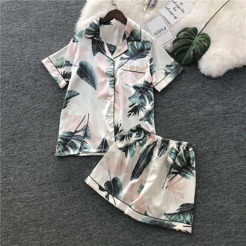 

Summer New Short Section Printing Women Pajama Set Ice Silk Thin section Sleepwear