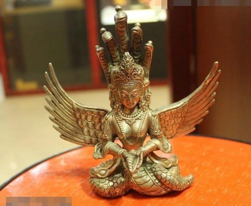 

R0720 Details about 6"Tibet Buddhism Temple Silver Five snake Nue Wa Kwan-Yin Buddha Statue