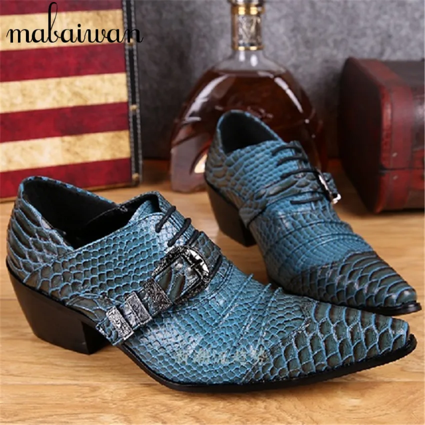 Blue Snake Print Men Genuine Leather Dress Shoes Lace Up Mens Prom Wedding Shoes Business Oxford Shoes Chaussure Homme