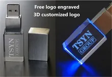 Free logo engraved: 16GB 3D customized logo 4GB 8GB 32GB crystal glass usb flash drive with led light Customer LOGO u disk