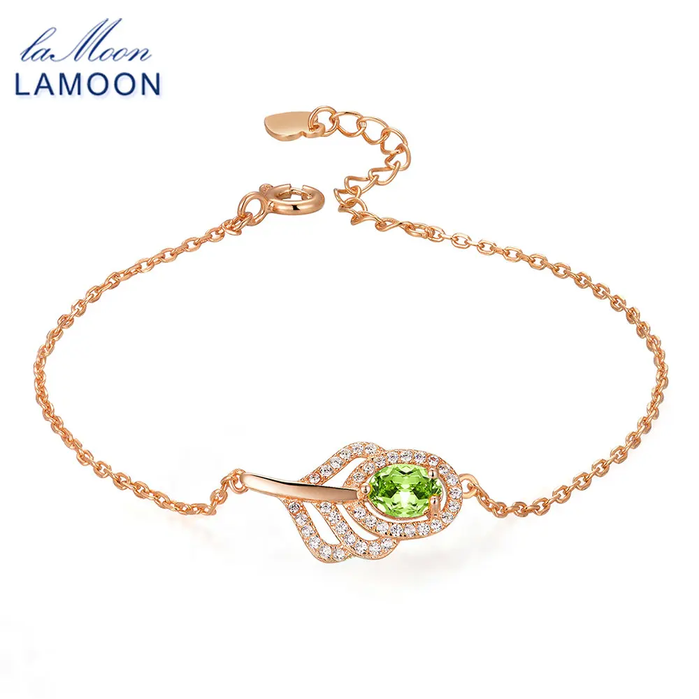 LAMOON Classic Leaf 100% Natural Oval Green Peridot Sterling Silver Jewelry Rose Gold Plated Chain Charm Bracelet S925 LMHI030