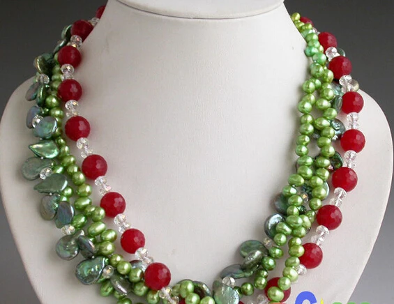 

Jewelr 005580 4row green rice coin pearl red jade faceted crystal NECKLACE