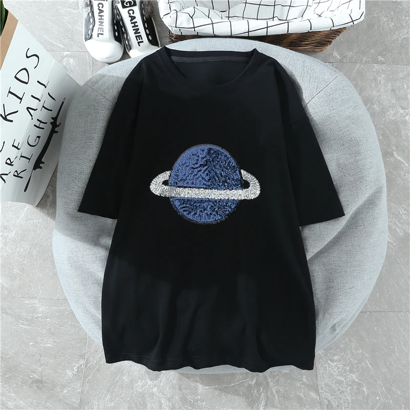 black Летние новые женские футболки с вышивкой, хлопок, с коротким рукавом, Длинные свободные Универсальные женские футболки с блестками, уличная одежда футболки - Цвет: black