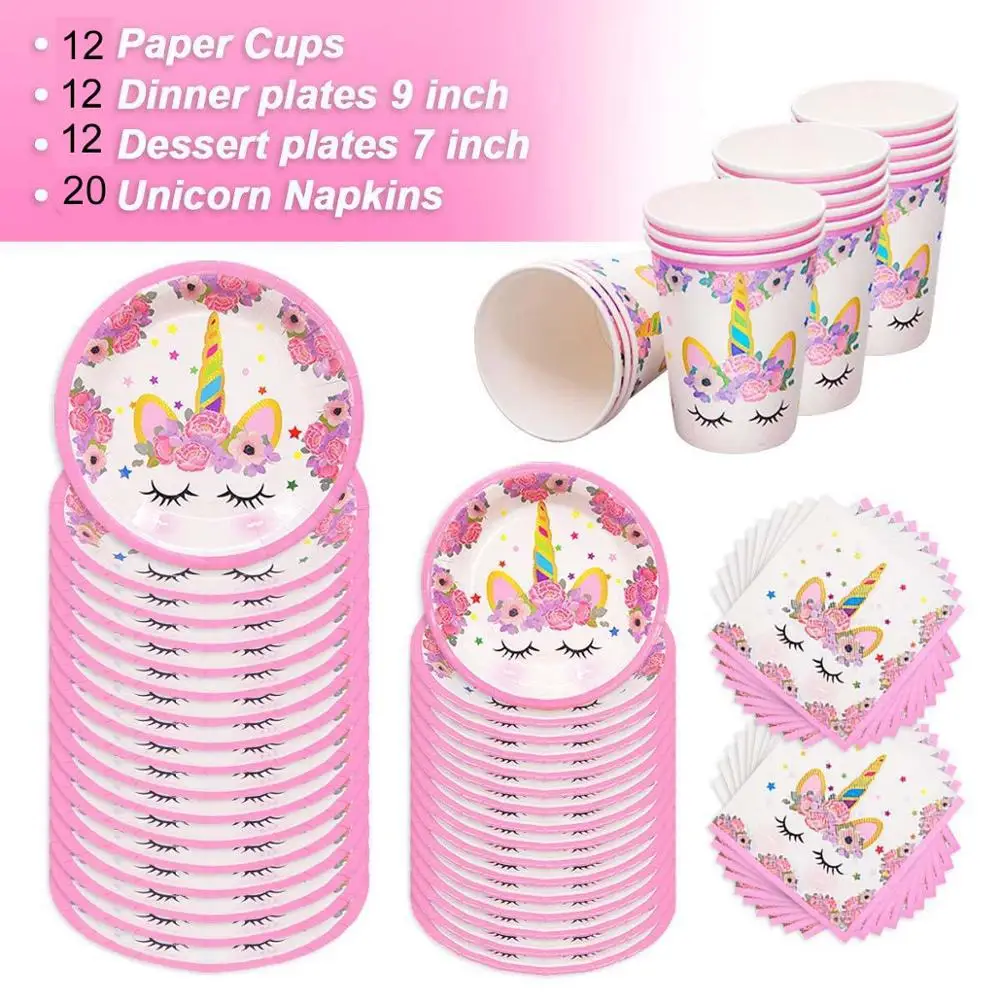 56pcs 1 set 56 шт./партия, вечерние одноразовые столовые приборы с единорогом, детские бумажные тарелки для дня рождения, чашка, Детская скатерть для душа, вечерние украшения в виде единорога - Цвет: 56pcs 1 set