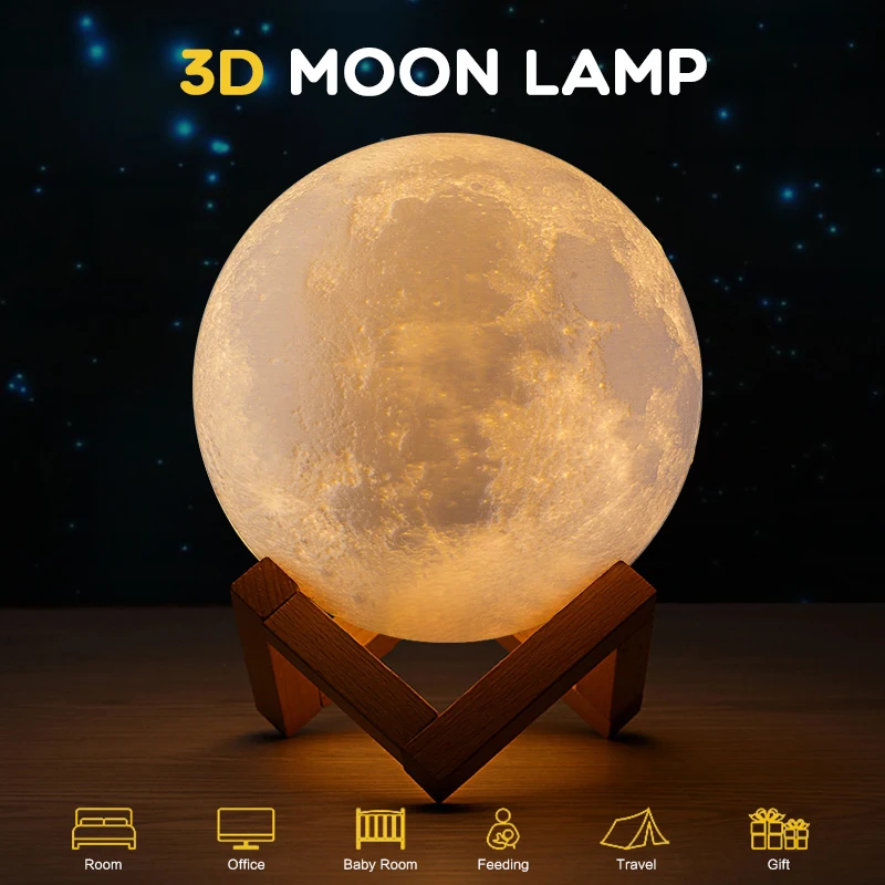 

18 cm 3D Print USB Moon Lamp Rechargeable 16/2/3 Color Change Touch Night Light Lunar Luna Baby Nightlight Christmas Home Decor